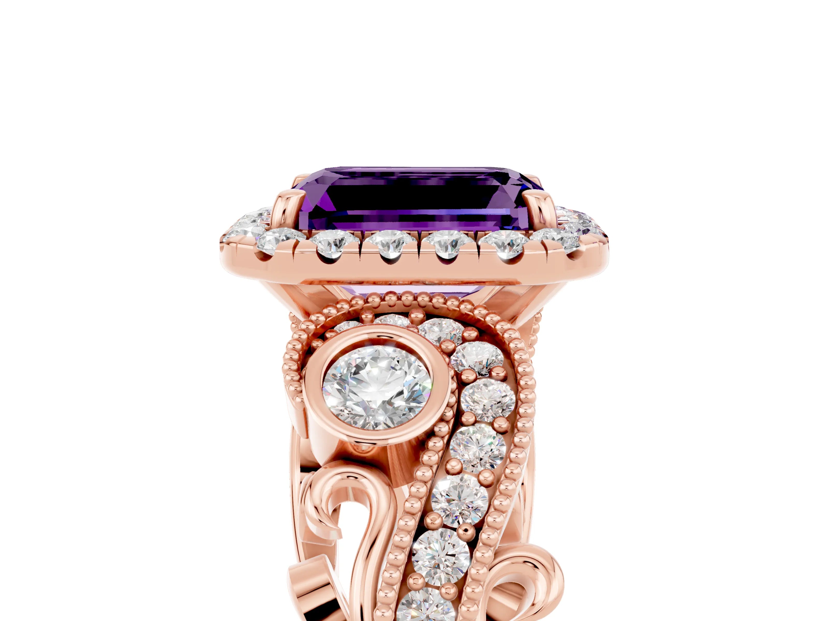 Rose gold Emerald Cut Amethyst Halo Ring with Milgrain Pavé Band and Four-Prong Setting_17