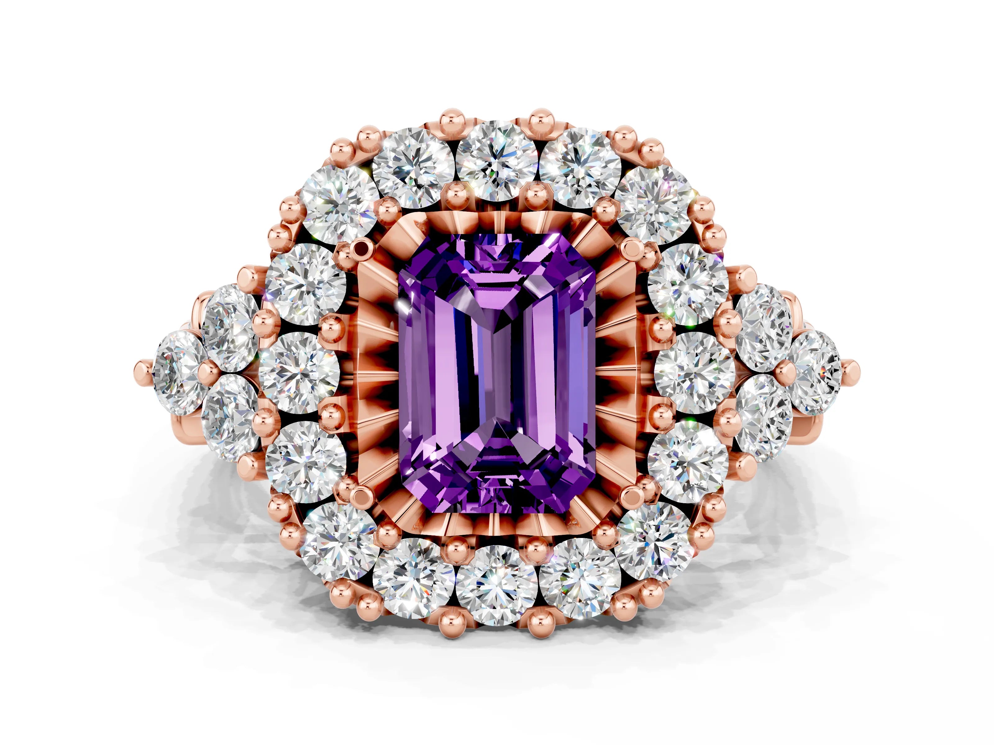 Rose gold Emerald Cut Amethyst Halo Ring with Pavé Band and Four-Prong Setting_12