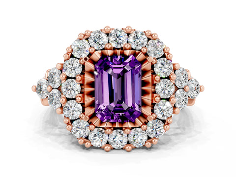 Rose gold Emerald Cut Amethyst Halo Ring with Pavé Band and Four-Prong Setting_12