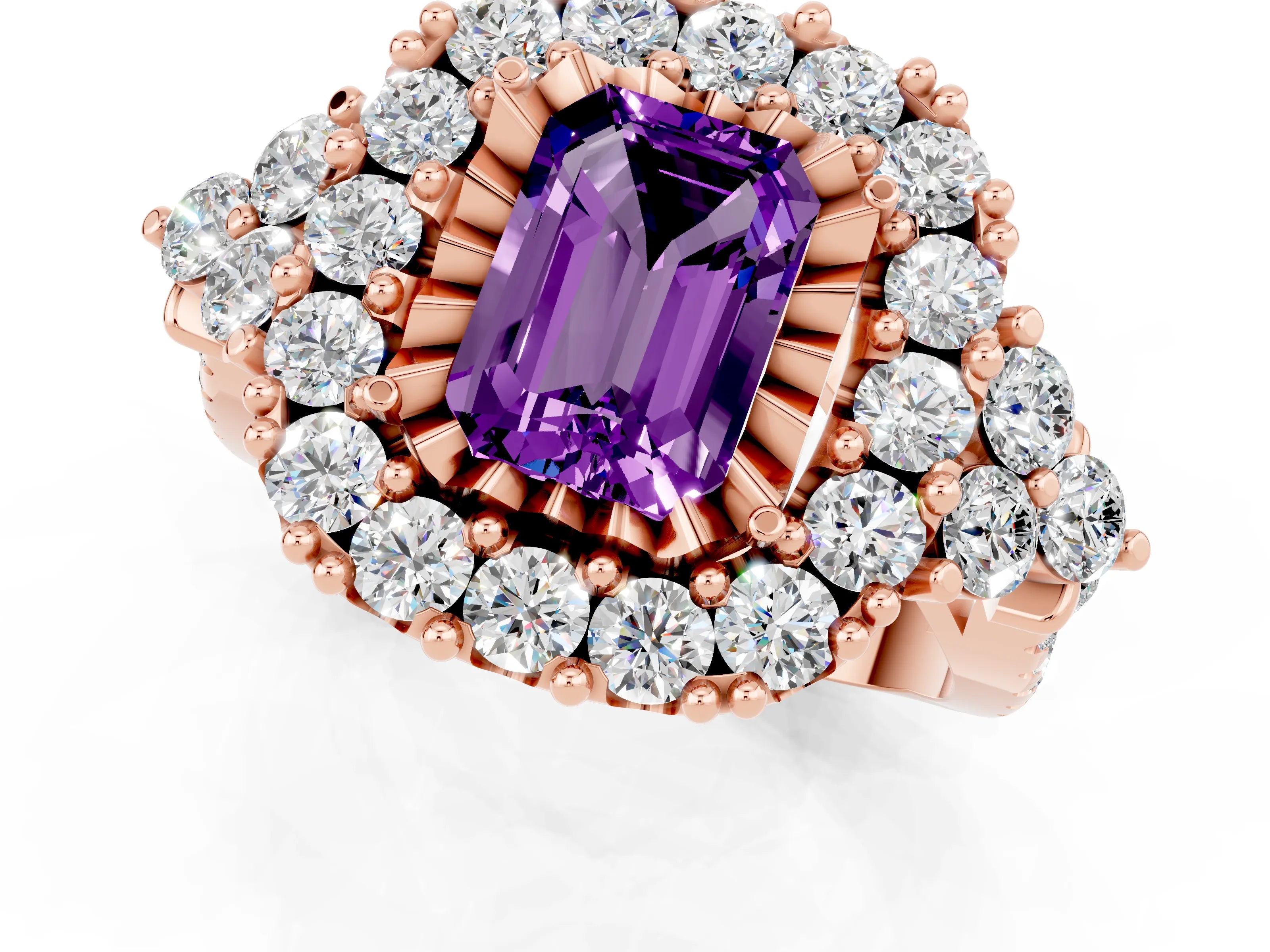Rose gold Emerald Cut Amethyst Halo Ring with Pavé Band and Four-Prong Setting_13
