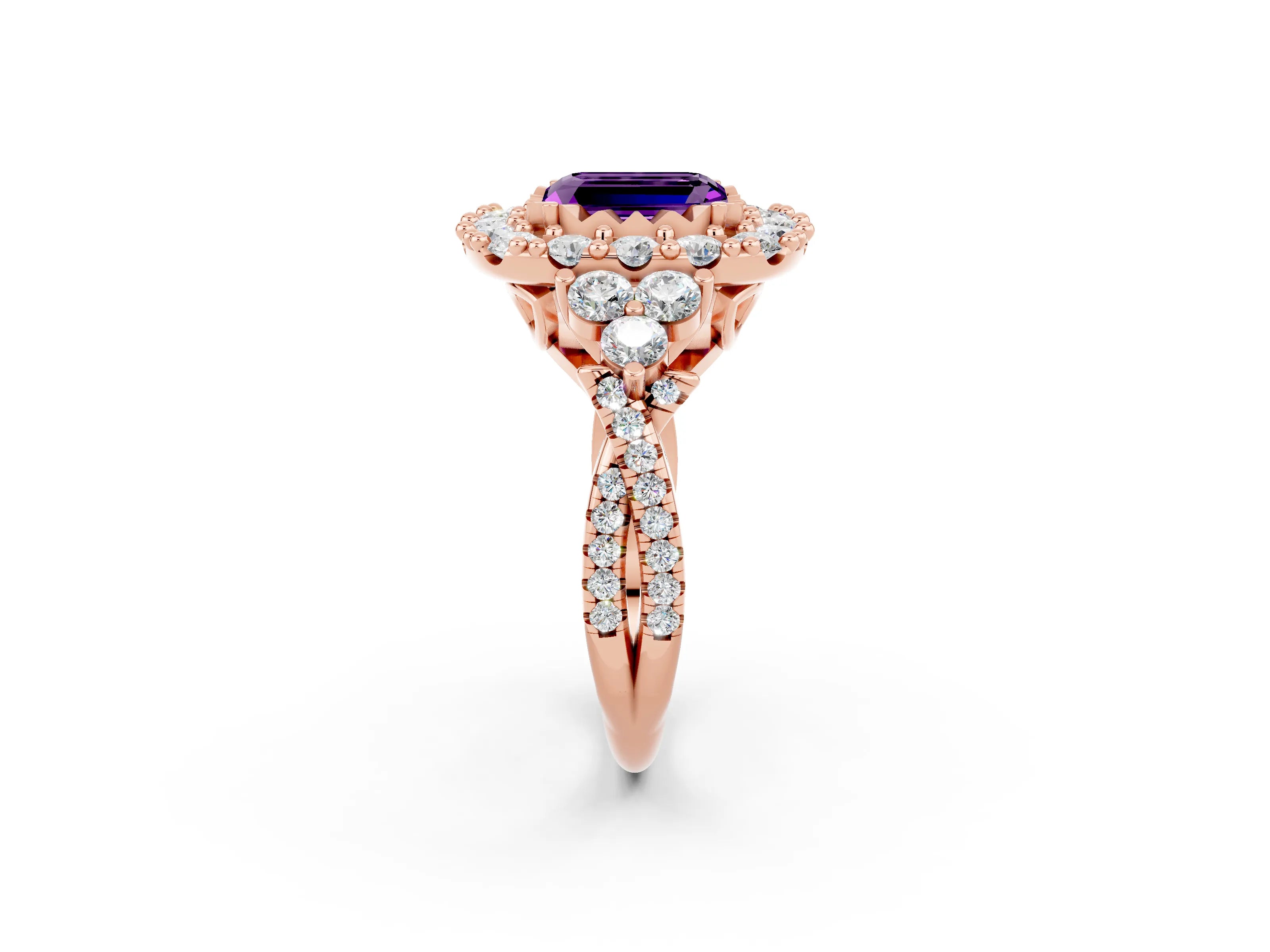 Rose gold Emerald Cut Amethyst Halo Ring with Pavé Band and Four-Prong Setting_14