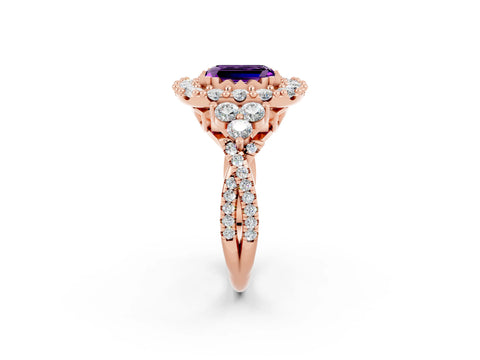 Rose gold Emerald Cut Amethyst Halo Ring with Pavé Band and Four-Prong Setting_14