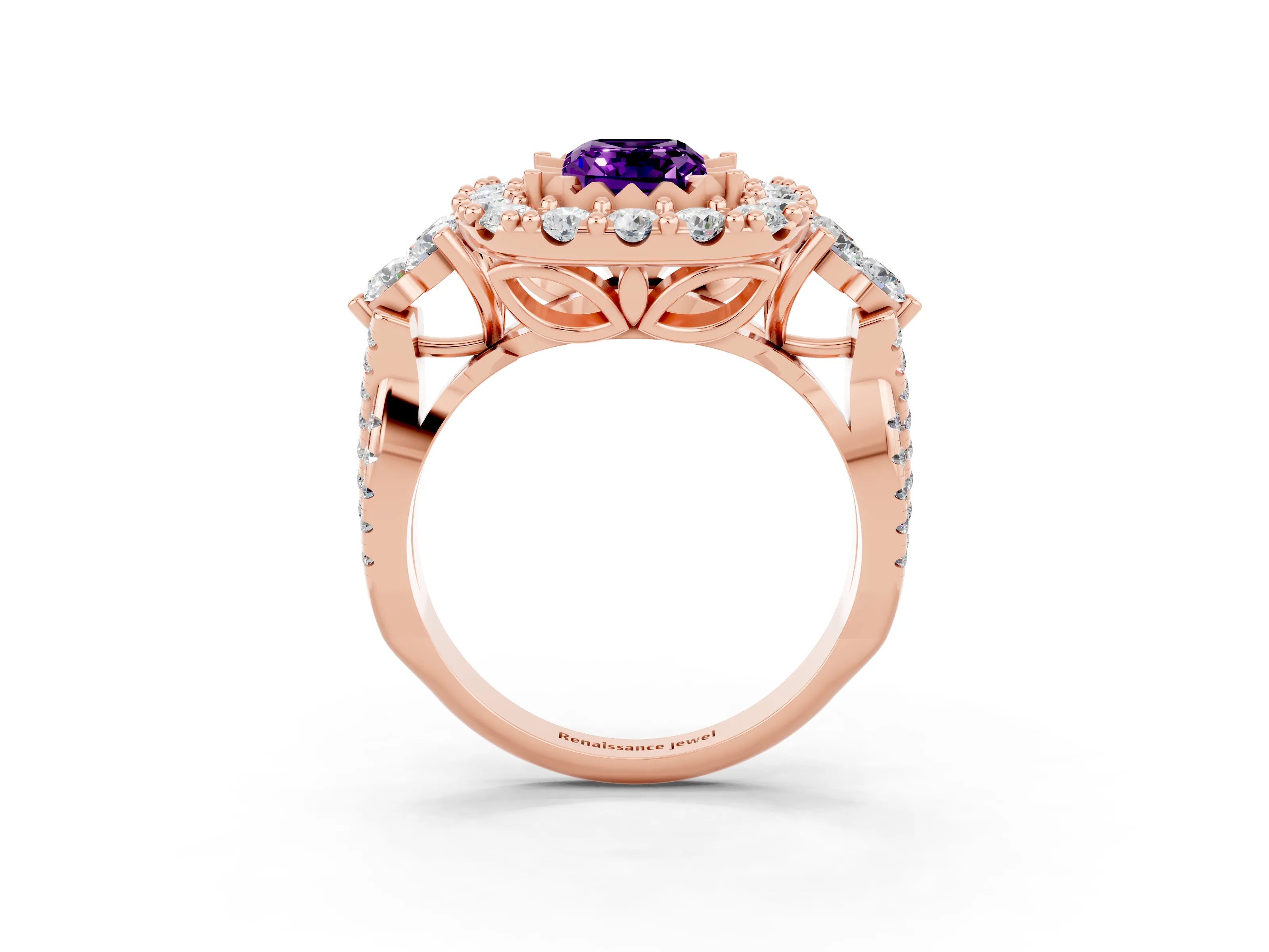 Rose gold Emerald Cut Amethyst Halo Ring with Pavé Band and Four-Prong Setting_15