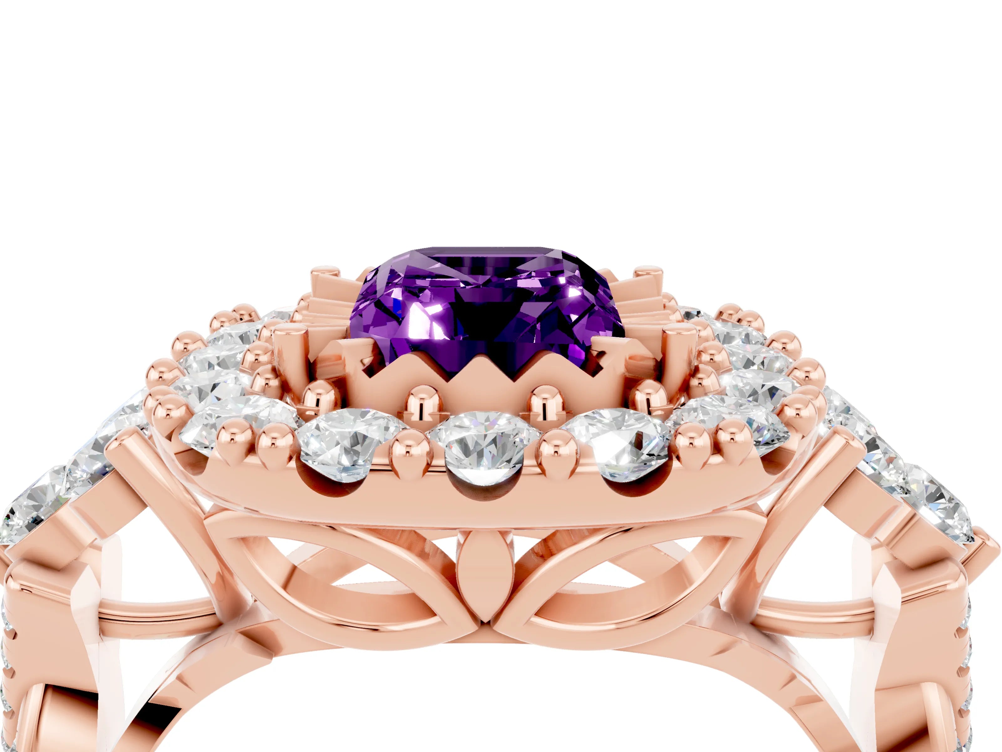Rose gold Emerald Cut Amethyst Halo Ring with Pavé Band and Four-Prong Setting_16
