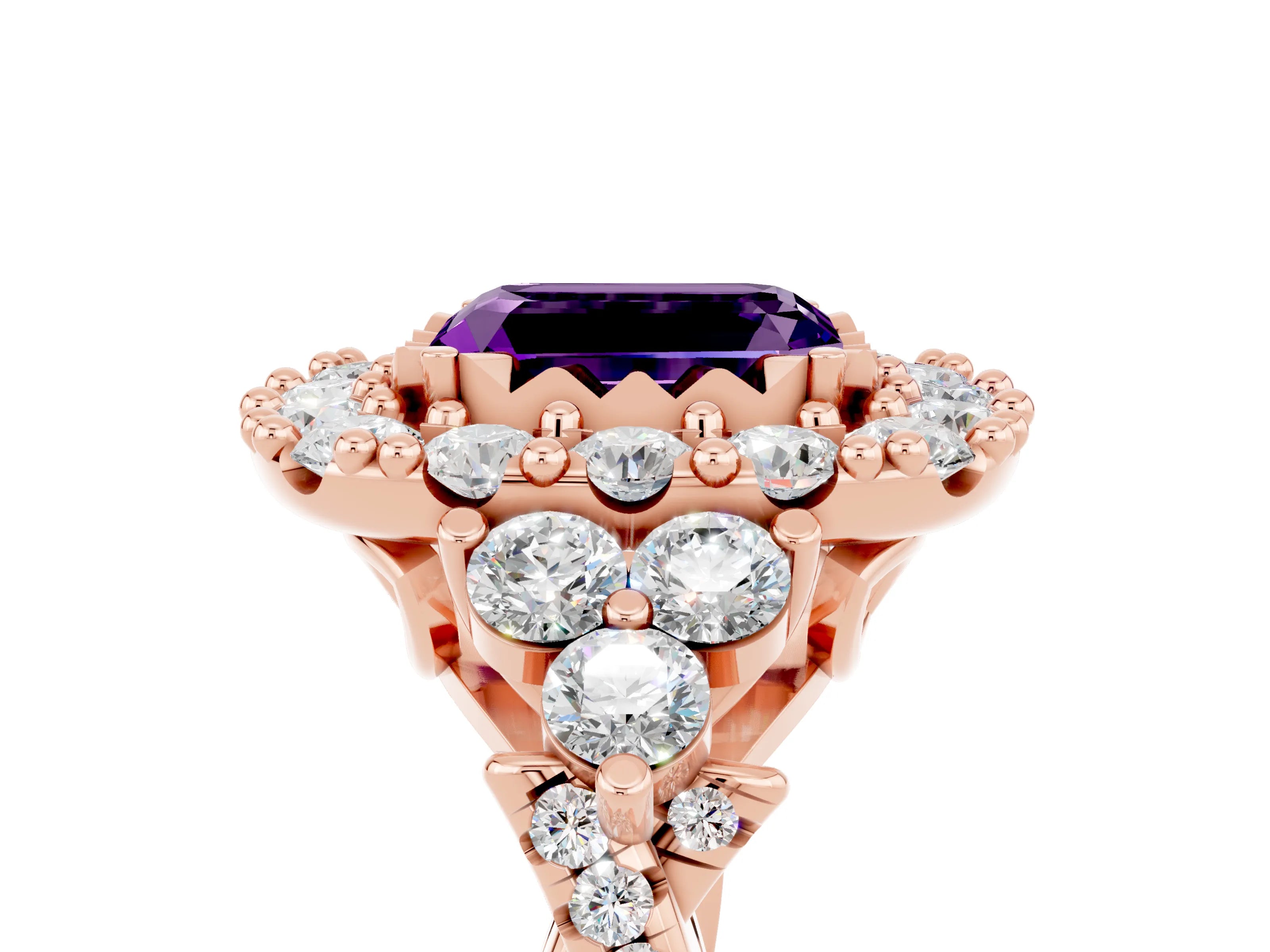 Rose gold Emerald Cut Amethyst Halo Ring with Pavé Band and Four-Prong Setting_17