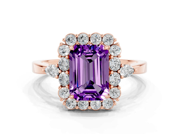 Rose gold Emerald Cut Amethyst Halo Ring with Pear Side Stones and Prong Setting