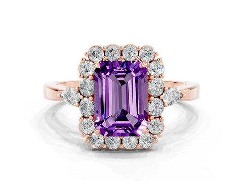 Rose gold Emerald Cut Amethyst Halo Ring with Pear Side Stones and Prong Setting_12