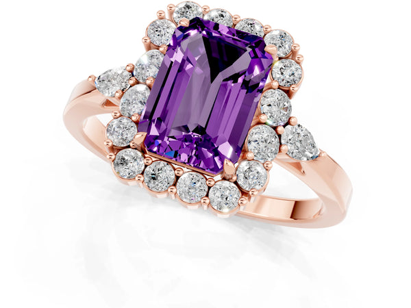 Rose gold Emerald Cut Amethyst Halo Ring with Pear Side Stones and Prong Setting