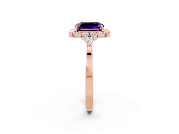 Rose gold Emerald Cut Amethyst Halo Ring with Pear Side Stones and Prong Setting