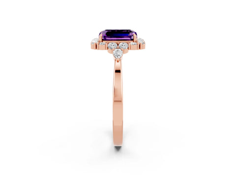 Rose gold Emerald Cut Amethyst Halo Ring with Pear Side Stones and Prong Setting_14