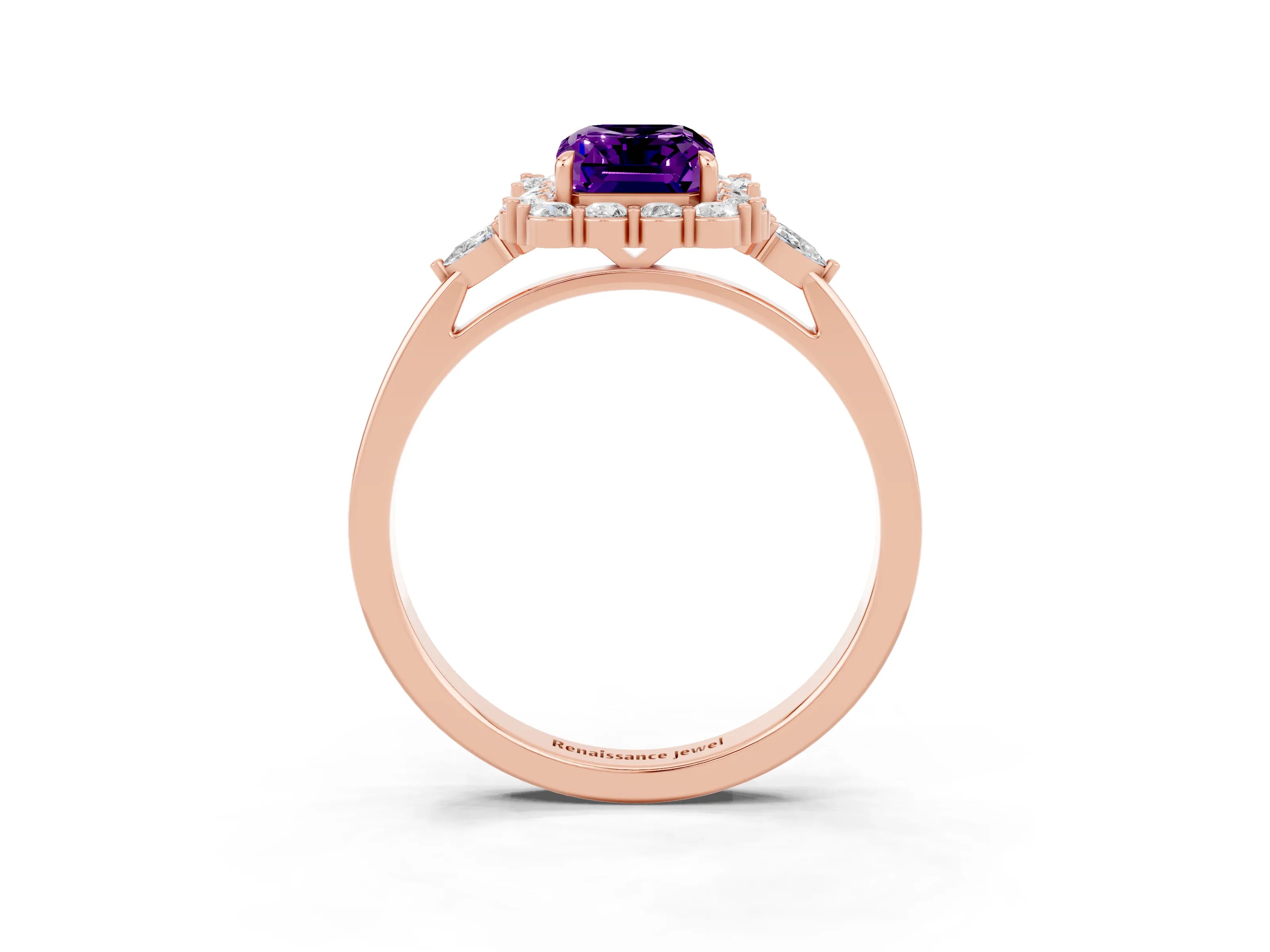 Rose gold Emerald Cut Amethyst Halo Ring with Pear Side Stones and Prong Setting_15