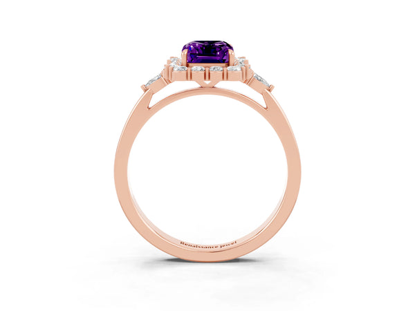 Rose gold Emerald Cut Amethyst Halo Ring with Pear Side Stones and Prong Setting