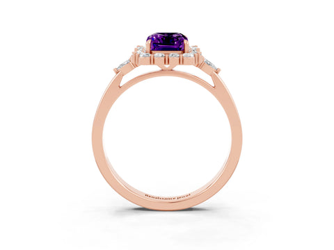 Rose gold Emerald Cut Amethyst Halo Ring with Pear Side Stones and Prong Setting_15