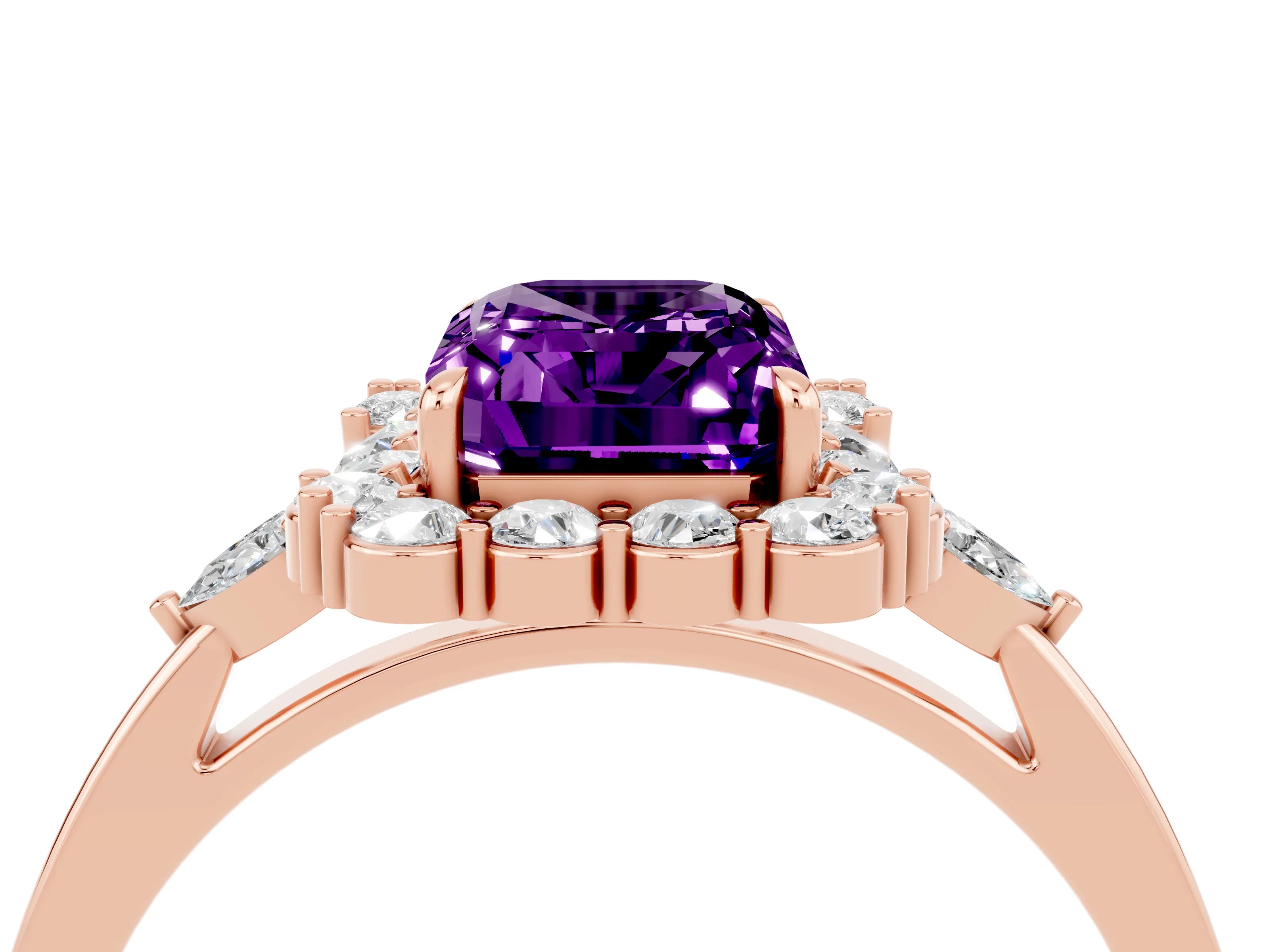 Rose gold Emerald Cut Amethyst Halo Ring with Pear Side Stones and Prong Setting_16