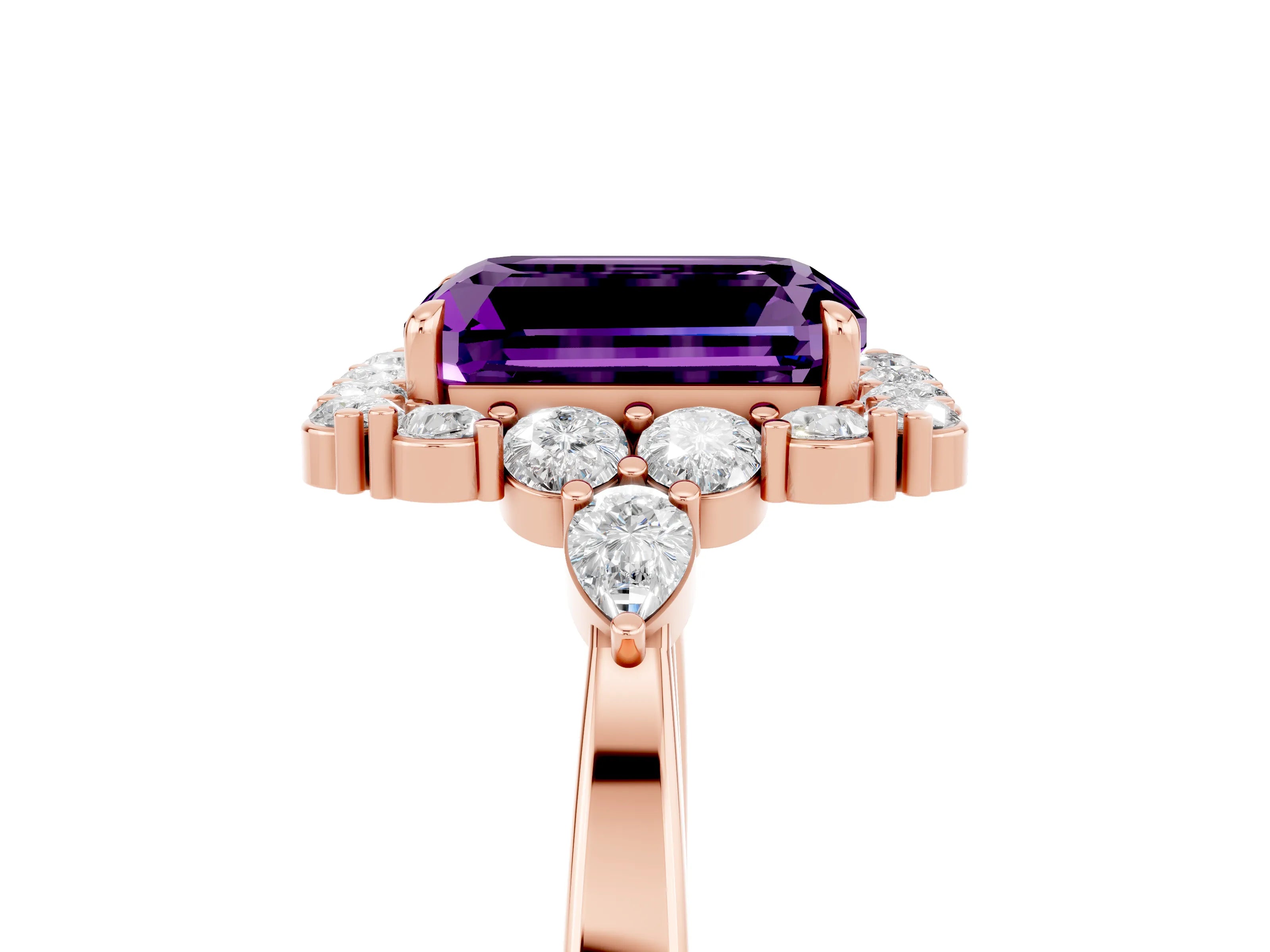 Rose gold Emerald Cut Amethyst Halo Ring with Pear Side Stones and Prong Setting_17