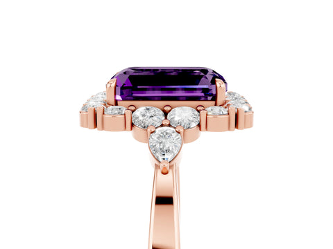 Rose gold Emerald Cut Amethyst Halo Ring with Pear Side Stones and Prong Setting_17