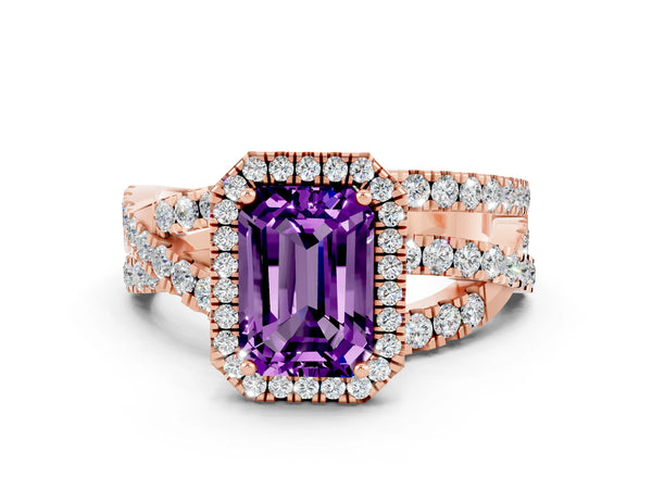 Rose gold Emerald Cut Amethyst Halo Ring with Round Split Shank and Prong Setting