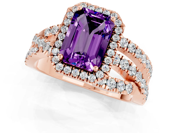 Rose gold Emerald Cut Amethyst Halo Ring with Round Split Shank and Prong Setting