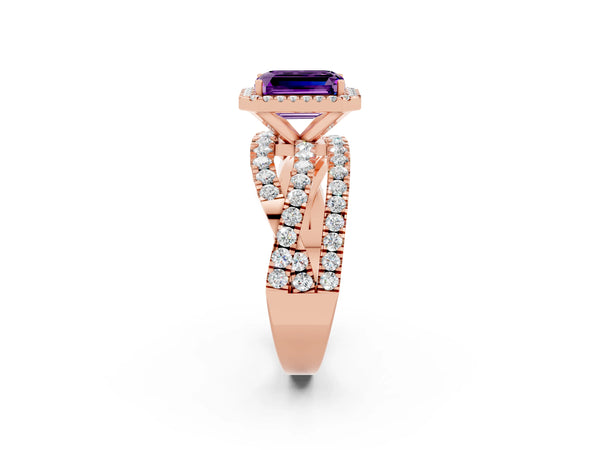 Rose gold Emerald Cut Amethyst Halo Ring with Round Split Shank and Prong Setting