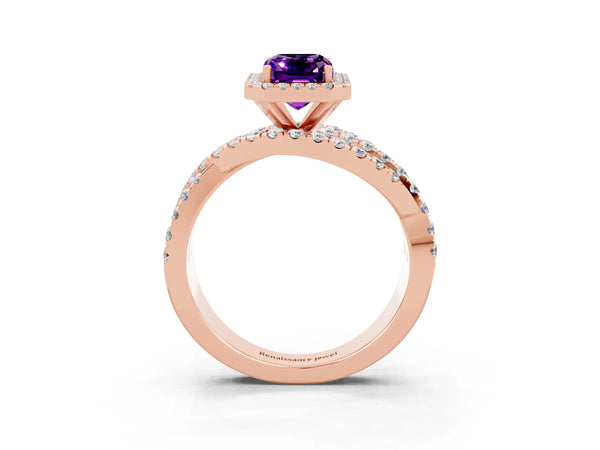 Rose gold Emerald Cut Amethyst Halo Ring with Round Split Shank and Prong Setting