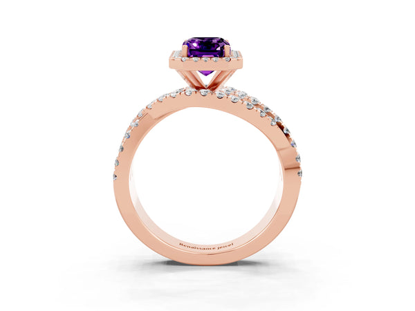 Rose gold Emerald Cut Amethyst Halo Ring with Round Split Shank and Prong Setting