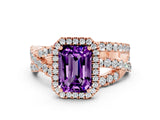 Rose gold Emerald Cut Amethyst Halo Ring with Round Split Shank and Prong Setting_48