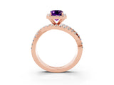 Rose gold Emerald Cut Amethyst Halo Ring with Round Split Shank and Prong Setting_51