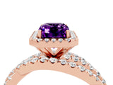 Rose gold Emerald Cut Amethyst Halo Ring with Round Split Shank and Prong Setting_52