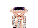 Rose gold Emerald Cut Amethyst Halo Ring with Round Split Shank and Prong Setting_53