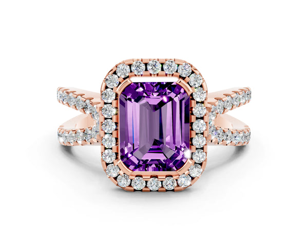 Rose gold Emerald Cut Amethyst Halo Ring with Split Shank Pavé Band and Prong Setting