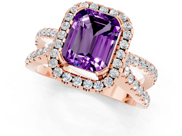 Rose gold Emerald Cut Amethyst Halo Ring with Split Shank Pavé Band and Prong Setting