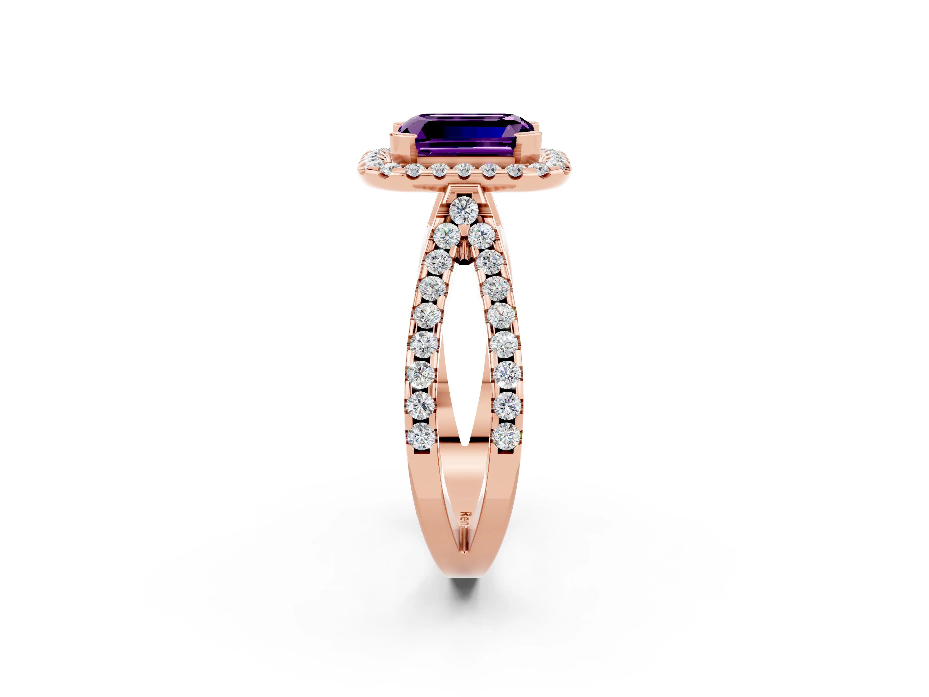 Rose gold Emerald Cut Amethyst Halo Ring with Split Shank Pavé Band and Prong Setting_2