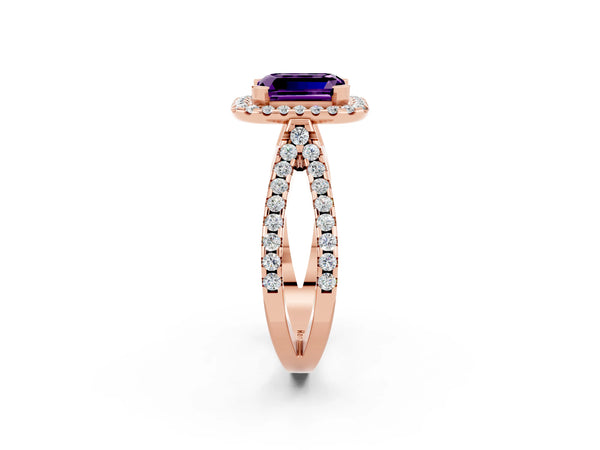 Rose gold Emerald Cut Amethyst Halo Ring with Split Shank Pavé Band and Prong Setting
