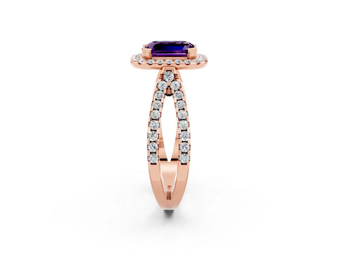 Rose gold Emerald Cut Amethyst Halo Ring with Split Shank Pavé Band and Prong Setting_2