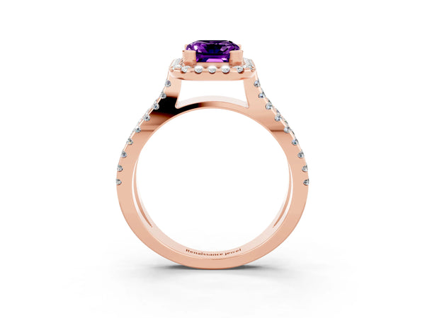 Rose gold Emerald Cut Amethyst Halo Ring with Split Shank Pavé Band and Prong Setting