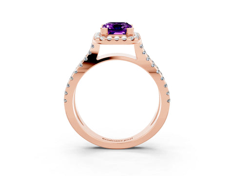 Rose gold Emerald Cut Amethyst Halo Ring with Split Shank Pavé Band and Prong Setting_3