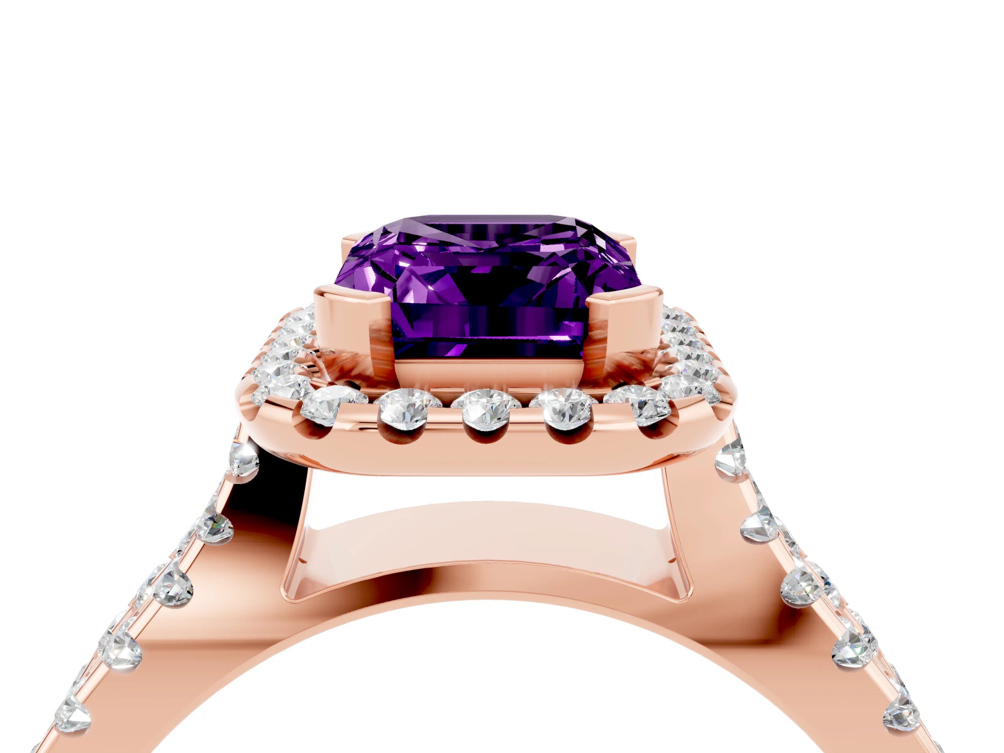 Rose gold Emerald Cut Amethyst Halo Ring with Split Shank Pavé Band and Prong Setting_4