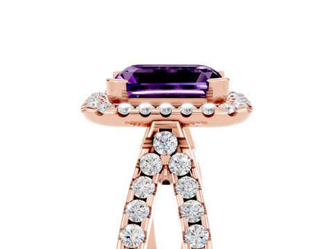 Rose gold Emerald Cut Amethyst Halo Ring with Split Shank Pavé Band and Prong Setting_5