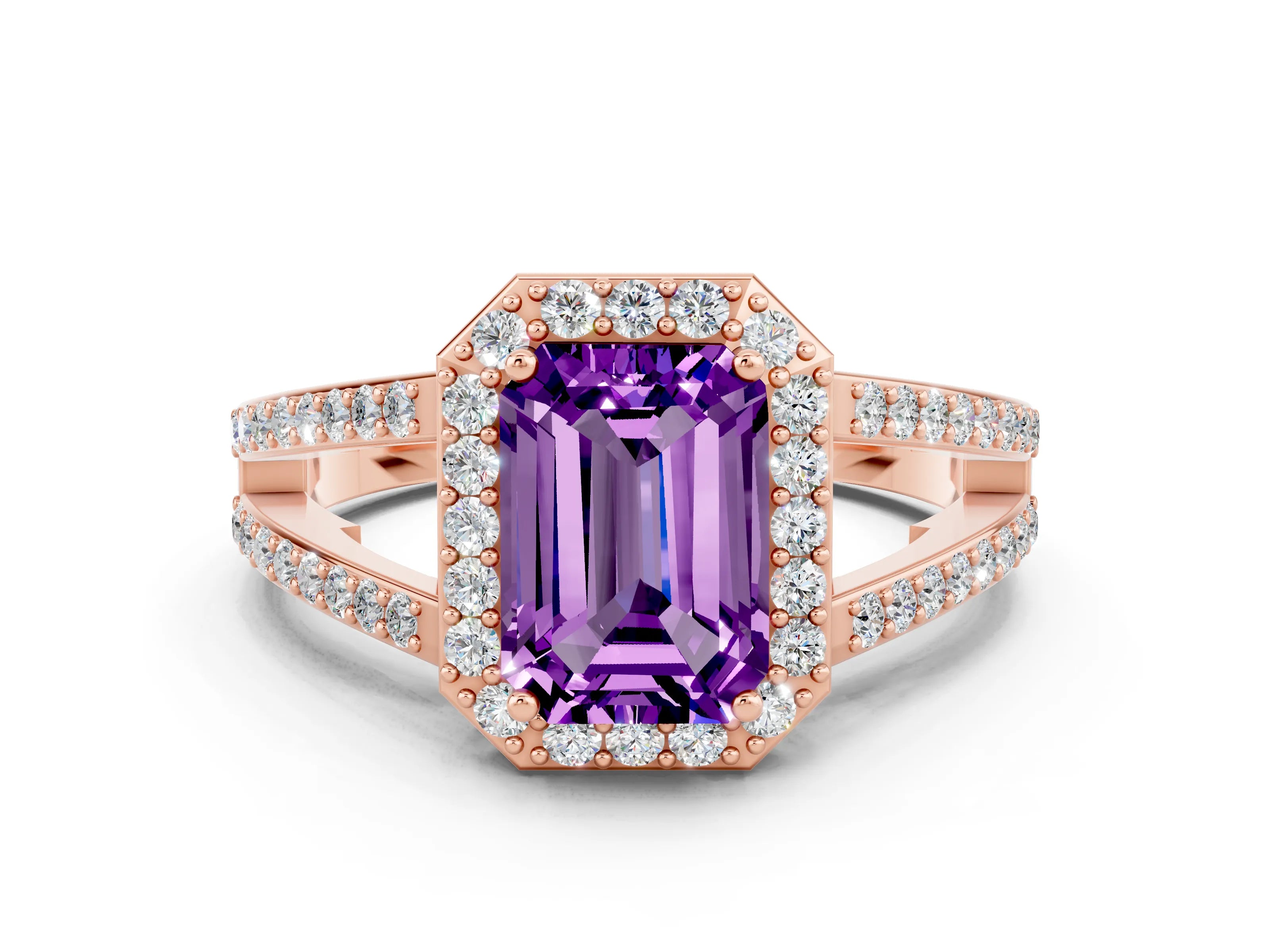 Rose gold Emerald Cut Amethyst Halo Ring with Split Shank U-Prong Band and Four-Prong Setting