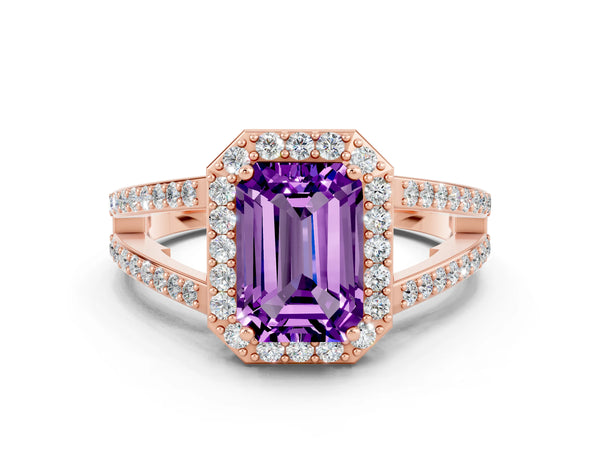 Rose gold Emerald Cut Amethyst Halo Ring with Split Shank U-Prong Band and Four-Prong Setting