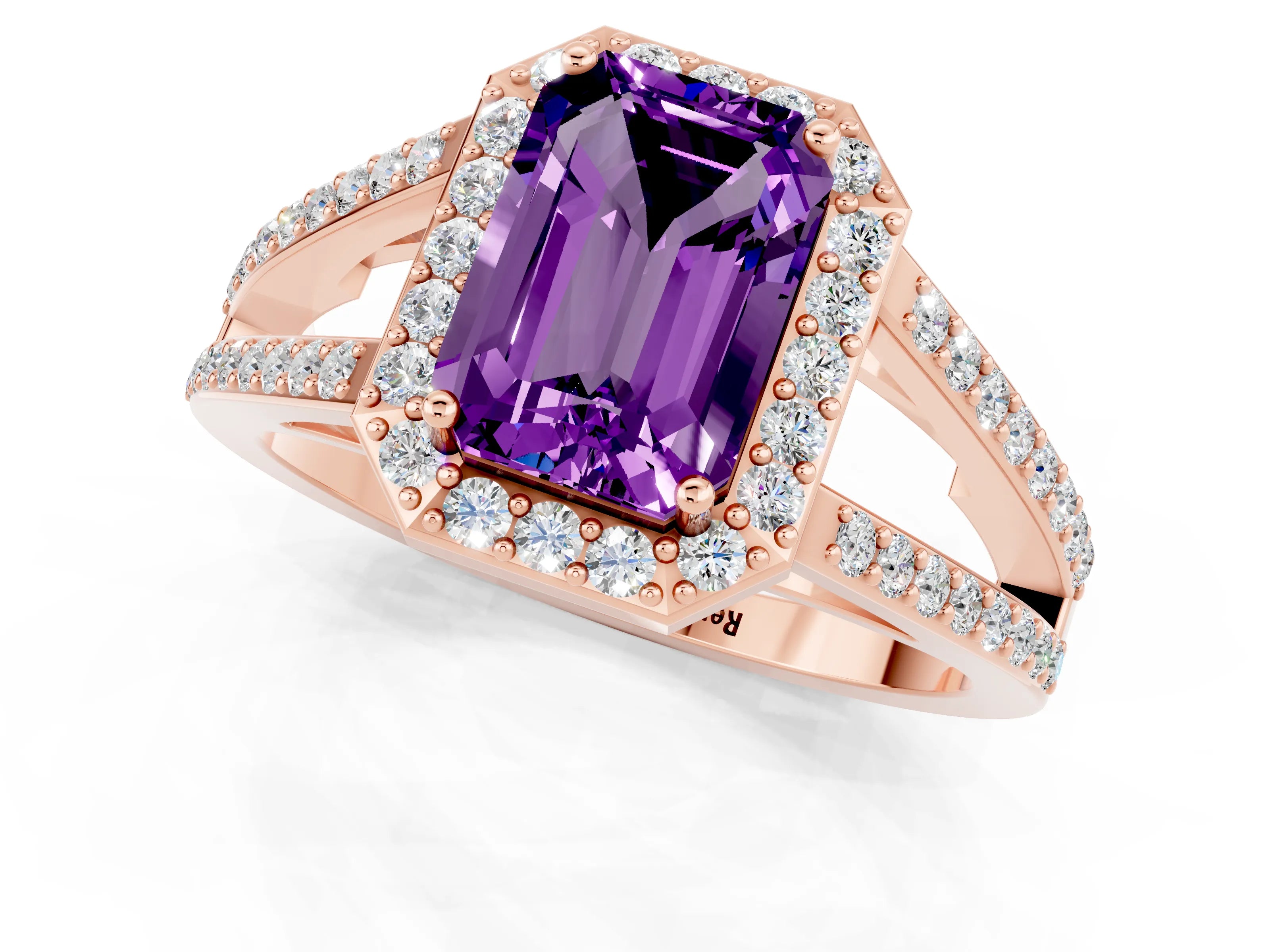 Rose gold Emerald Cut Amethyst Halo Ring with Split Shank U-Prong Band and Four-Prong Setting_1