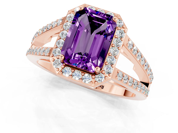 Rose gold Emerald Cut Amethyst Halo Ring with Split Shank U-Prong Band and Four-Prong Setting