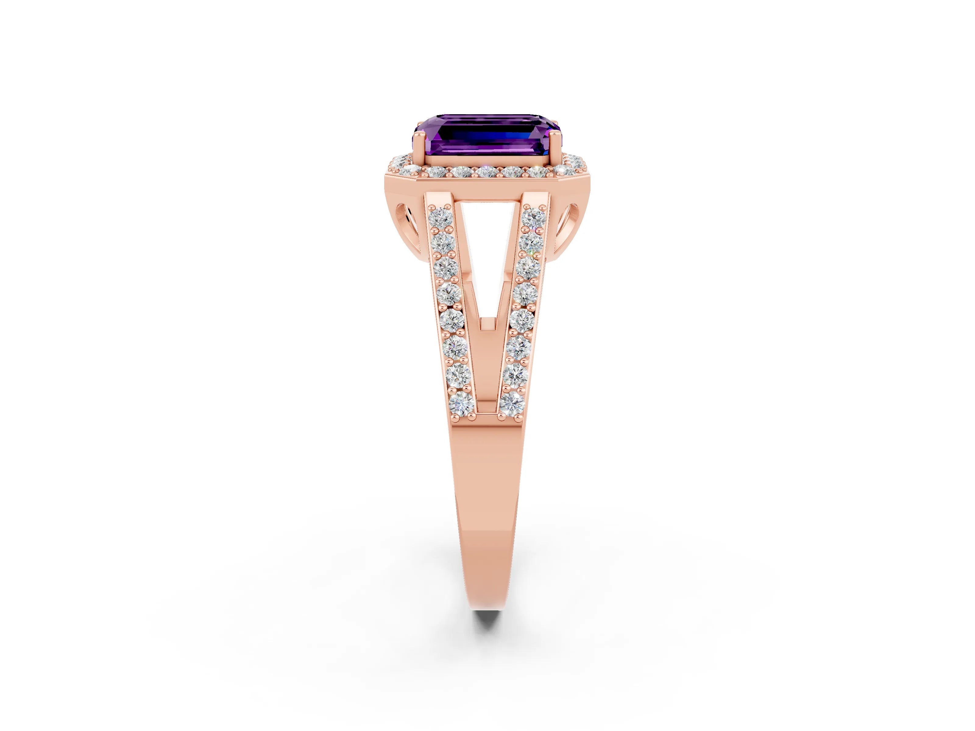 Rose gold Emerald Cut Amethyst Halo Ring with Split Shank U-Prong Band and Four-Prong Setting_2