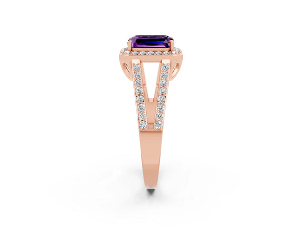 Rose gold Emerald Cut Amethyst Halo Ring with Split Shank U-Prong Band and Four-Prong Setting