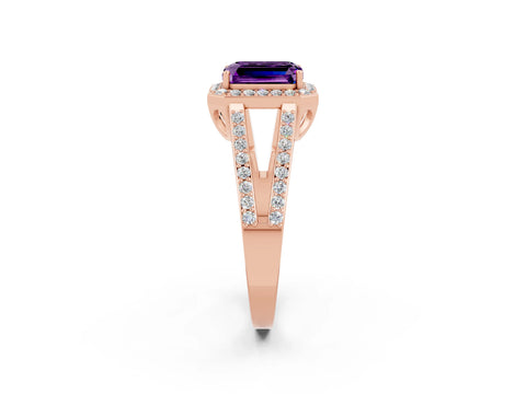 Rose gold Emerald Cut Amethyst Halo Ring with Split Shank U-Prong Band and Four-Prong Setting_2