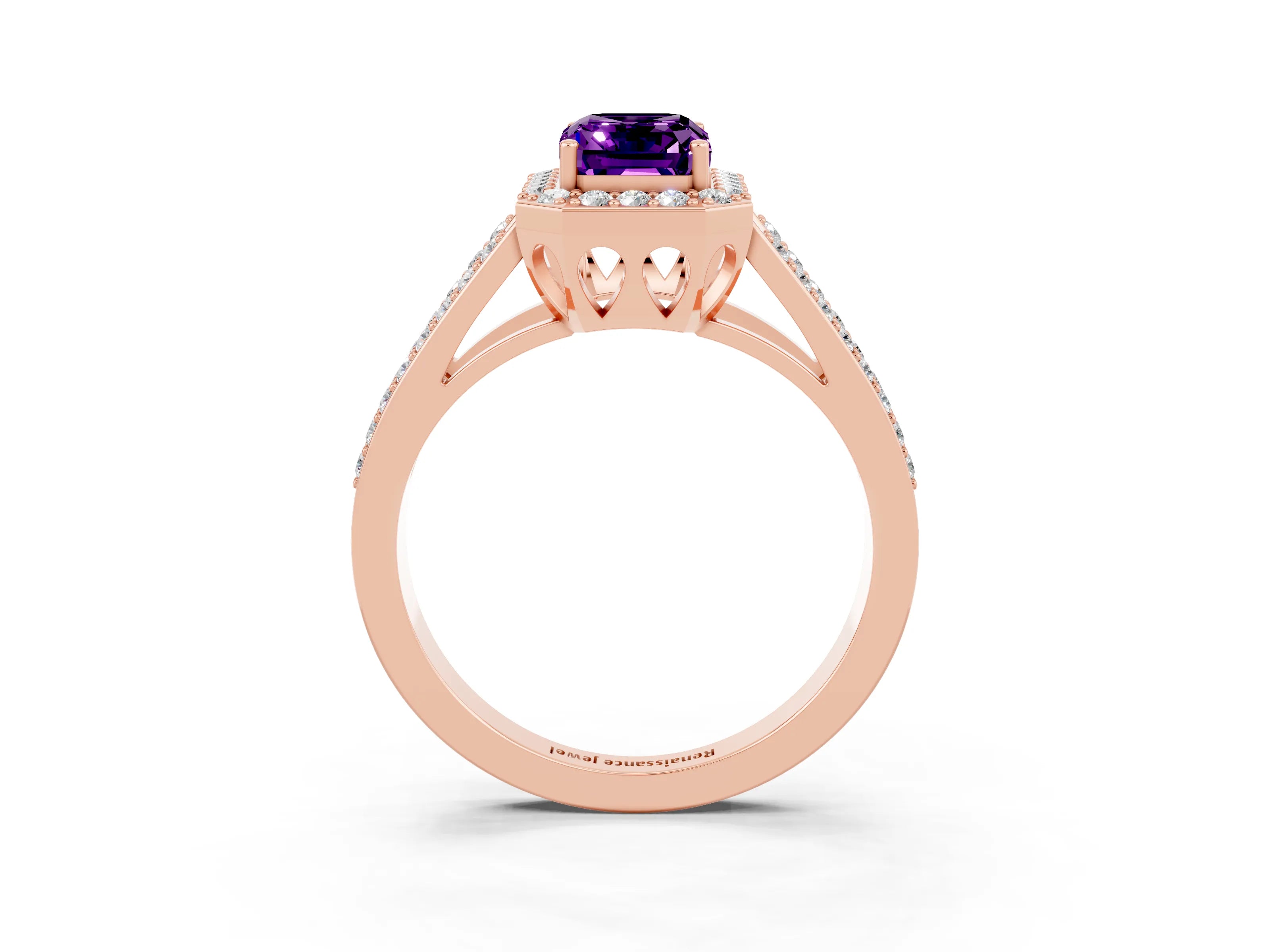 Rose gold Emerald Cut Amethyst Halo Ring with Split Shank U-Prong Band and Four-Prong Setting_3