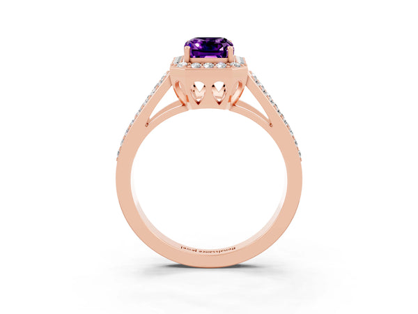 Rose gold Emerald Cut Amethyst Halo Ring with Split Shank U-Prong Band and Four-Prong Setting