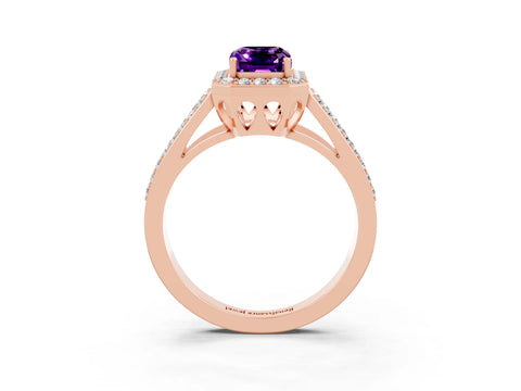 Rose gold Emerald Cut Amethyst Halo Ring with Split Shank U-Prong Band and Four-Prong Setting_3