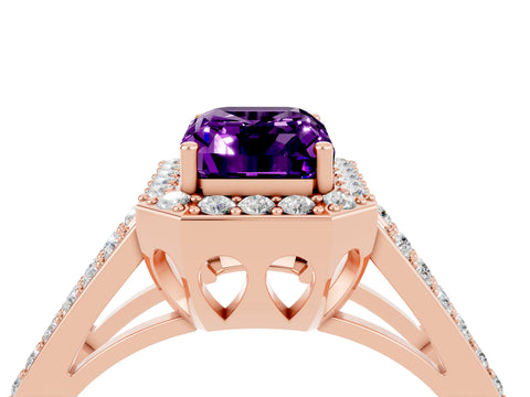 Rose gold Emerald Cut Amethyst Halo Ring with Split Shank U-Prong Band and Four-Prong Setting_4