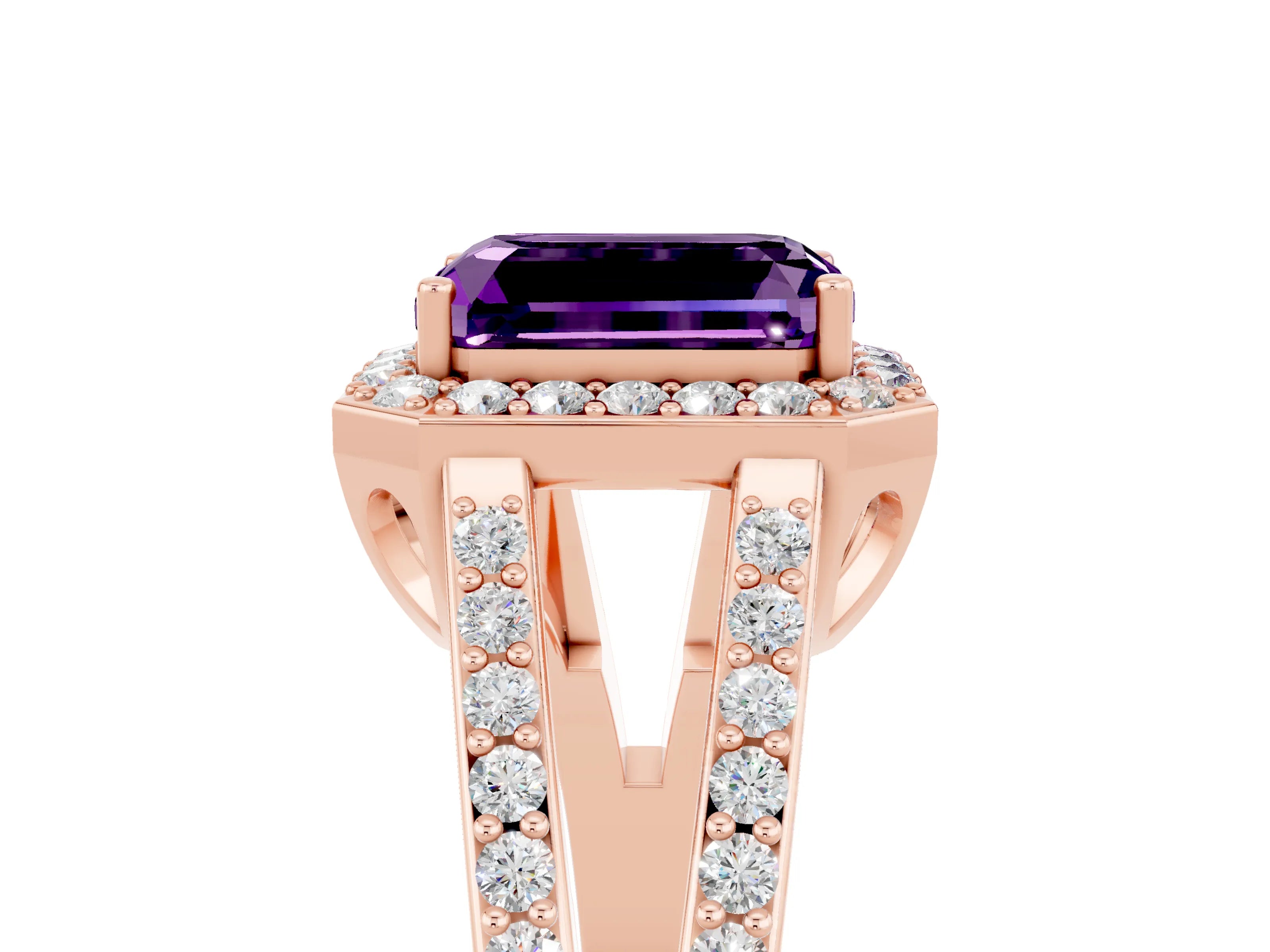 Rose gold Emerald Cut Amethyst Halo Ring with Split Shank U-Prong Band and Four-Prong Setting_5